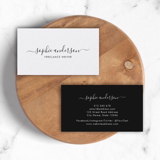 Simple Elegant Script White and Black Business Card (Creator Uploaded)