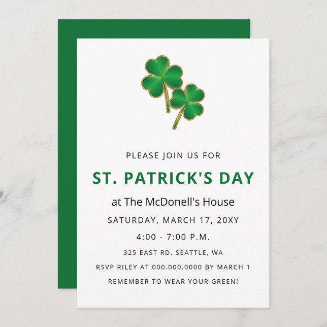 Simple Elegant Shamrock St Patricks Day Invitation (Front/Back)