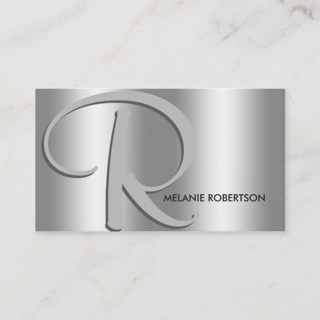 Simple Elegant Silver on Silver Script Monogram Business Card (Front)