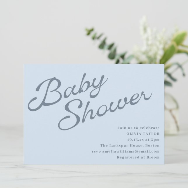 Simple Elegant Soft Blue Script Baby Shower Invitation (Standing Front)