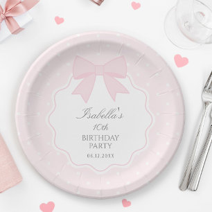 Simple Elegant Soft Pastel Pink Bow Girl Birthday Paper Plate