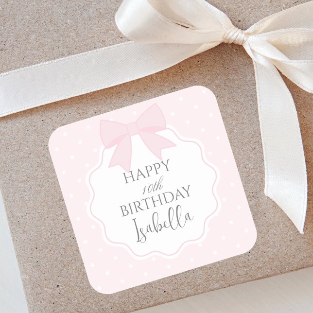 Simple Elegant Soft Pastel Pink Bow Happy Birthday Square Sticker (Creator Uploaded)