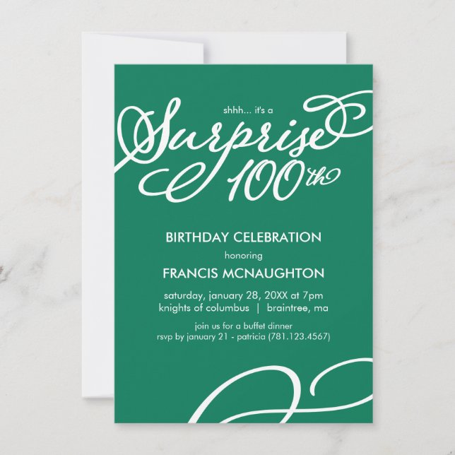 Simple, Elegant Surprise 100th Birthday Invitation (Front)