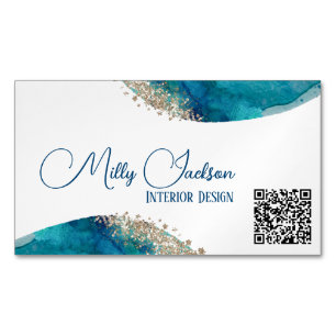Simple Elegant Teal Gold Watercolour Custom Magnetic Business Card