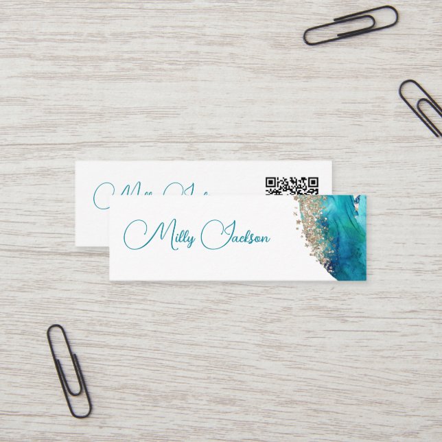 Simple Elegant Teal Gold Watercolour Custom QR  Mini Business Card (Front/Back In Situ)