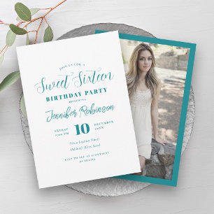 Simple Elegant Teal Photo Sweet 16 Sixteen  Invitation