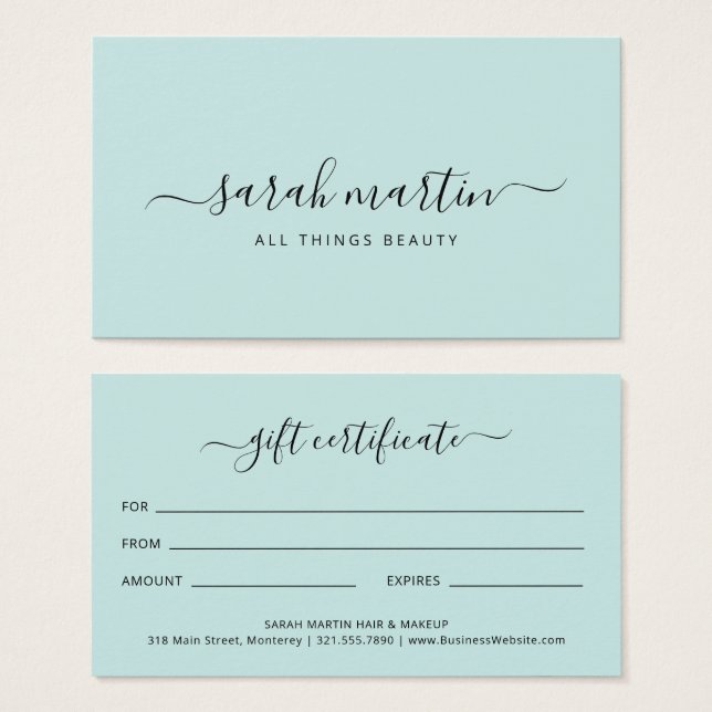 Simple Elegant Teal Turquoise Gift Certificate (Front & Back)