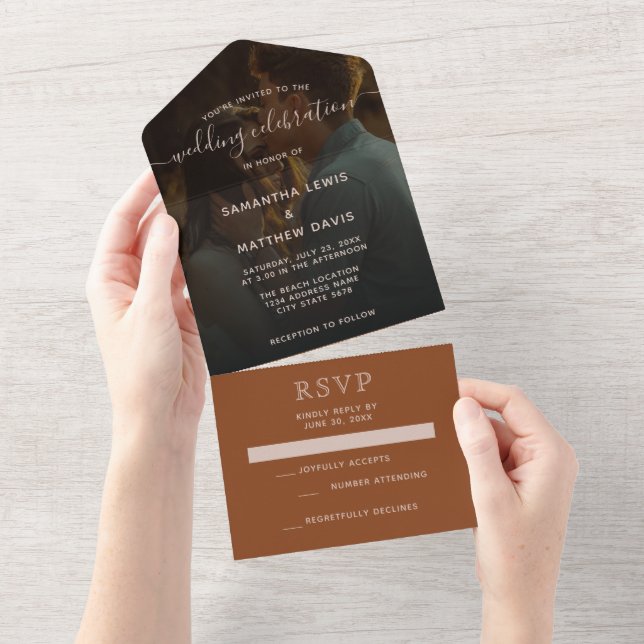 Simple Elegant Terracotta Bohemian Wedding All In One Invitation (Tearaway)