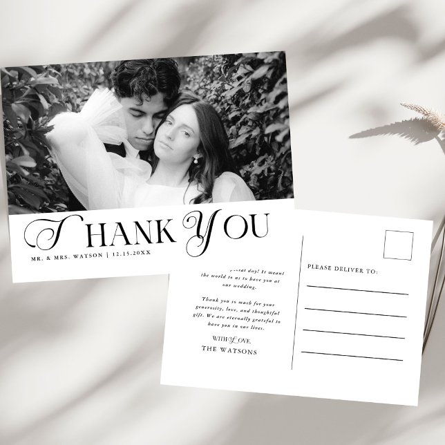 Simple Elegant Text and Photo Wedding Thank You Postcard (Creator Uploaded)
