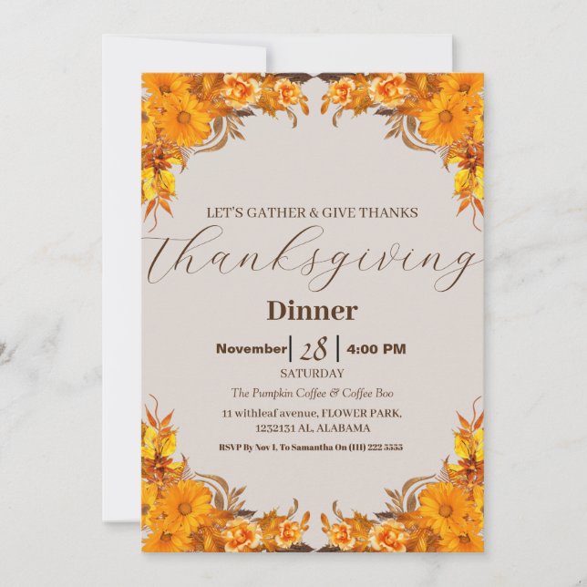Simple Elegant Thanksgiving Dinner Autumn Fall  Invitation (Front)