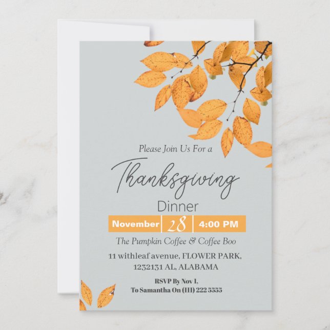 Simple Elegant Thanksgiving Dinner Floral fall  Invitation (Front)