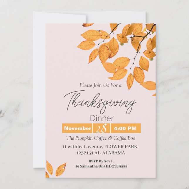 Simple Elegant Thanksgiving Dinner Floral fall  Invitation (Front)