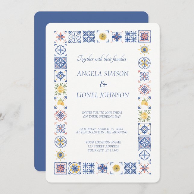 Simple Elegant Tiles Amalfi Coast Italy Wedding Invitation (Front/Back)