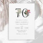 Simple Elegant Tropical 70th Birthday Invitation<br><div class="desc">This 70th birthday invitation features a clean, sophisticated design with a touch of elegance. The number "70" is prominently displayed in large, graceful serif font embellished with vibrant tropical flowers and lush foliage to add a burst of colour and painted details. Palm fronds, hibiscus, fig blossoms, anthuriums, bird of paradise,...</div>