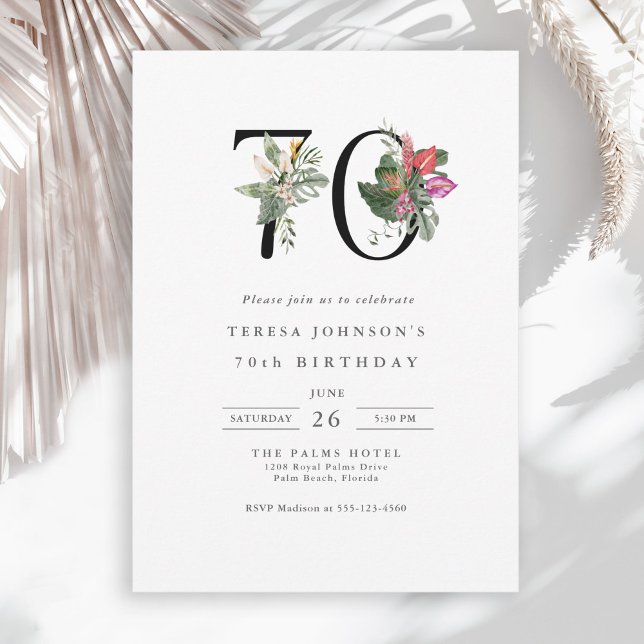 Simple Elegant Tropical 70th Birthday Invitation (Available in both printed and instant download digital formats.)
