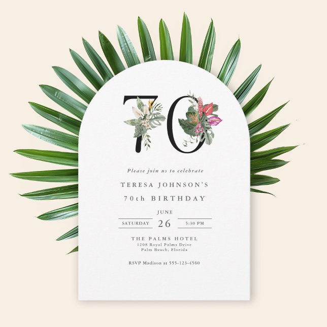 Simple Elegant Tropical 70th Birthday Invitation (Available in both printed and instant download digital formats.)