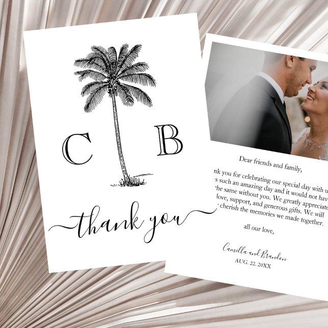Simple Elegant Tropical Monograms Photo Wedding Thank You Card (Creator Uploaded)