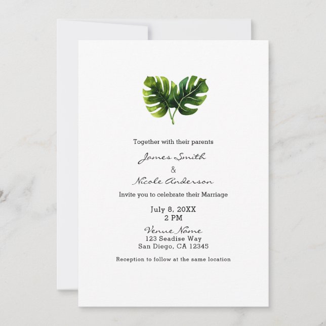 Simple Elegant Tropical Palm Leaves Wedding Chic Invitation (Front)