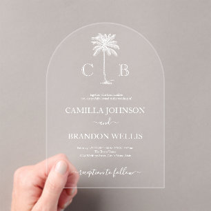 Simple Elegant Tropical Palm Monograms Wedding Acrylic Invitations