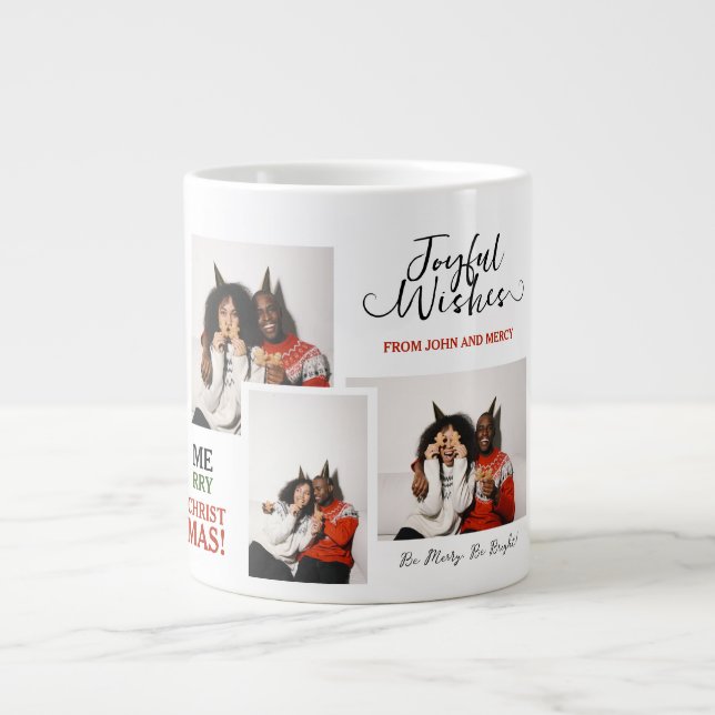 Simple Elegant Typography Christmas Couple 3 Photo Large Coffee Mug (Front)