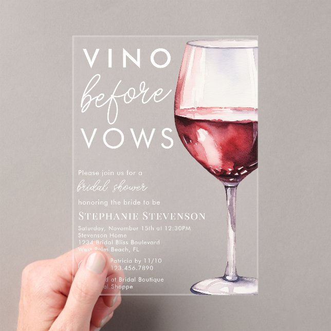 Simple Elegant Vino Before Vows Wine Bridal Shower Acrylic Invitations (Insitu (Handheld))
