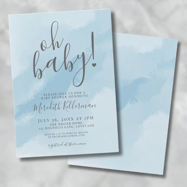 Simple Elegant Watercolor Blue Oh Baby Shower Invitation (Simple Elegant Watercolor Blue Baby Shower Invitation)