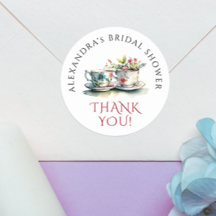 Simple Elegant Watercolor Floral Teacup Thank You Classic Round Sticker