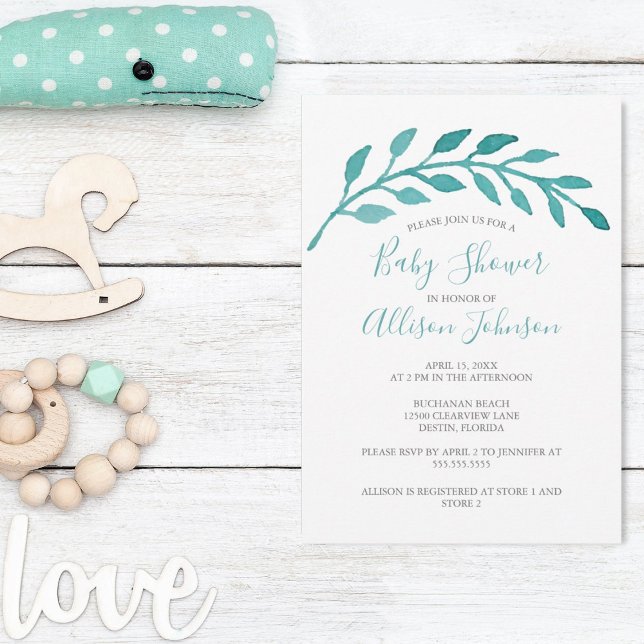 Simple Elegant Watercolor Teal Vine Baby Shower Invitation (Creator Uploaded)