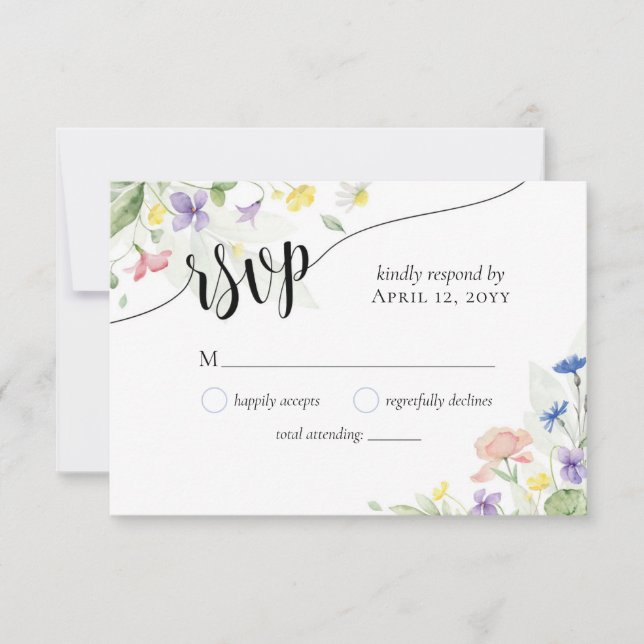 Simple Elegant Watercolor Wildflowers Boho Wedding RSVP Card (Front)