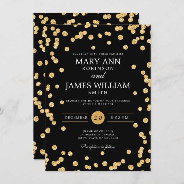 Simple Elegant Wedding Gold Glitter Confetti Black Invitation (Front/Back)