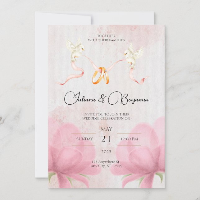 Simple Elegant Wedding Invitation with Pink Floral (Front)