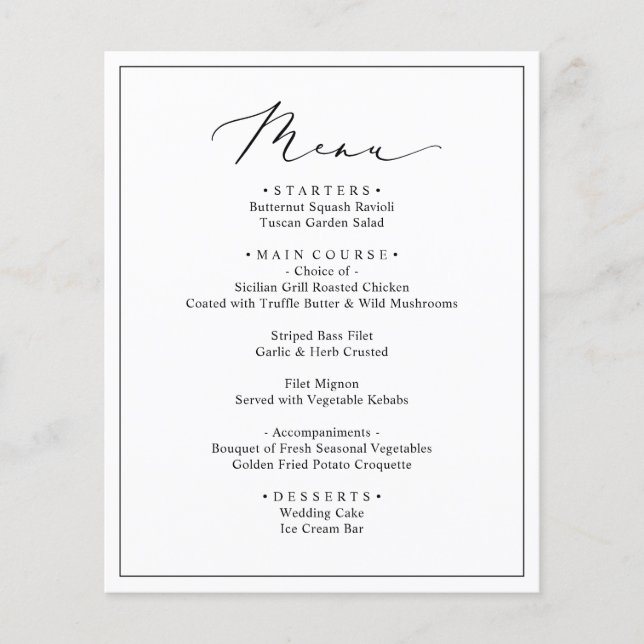 Simple Elegant Wedding Reception Menu Card  (Front)