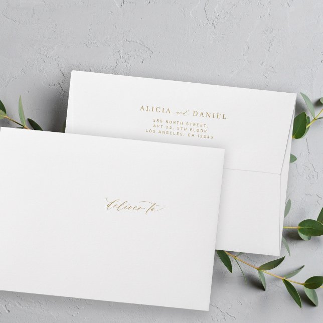 Simple elegant wedding return address gold script envelope (Creator Uploaded)