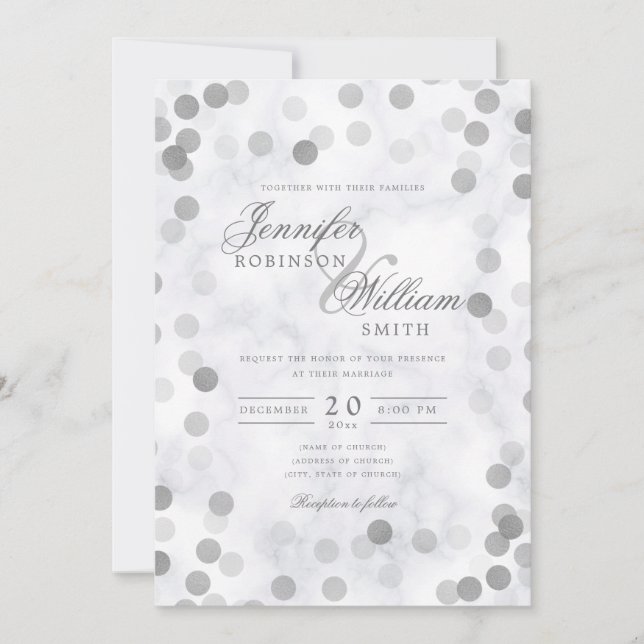 Simple Elegant Wedding Silver Confetti Marble Invitation (Front)