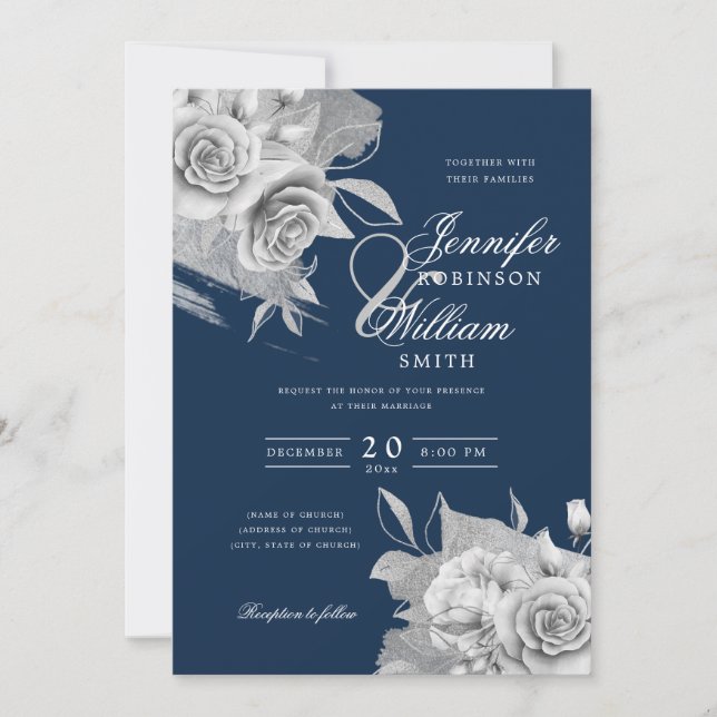 Simple Elegant Wedding Silver Floral & Foil Navy  Invitation (Front)