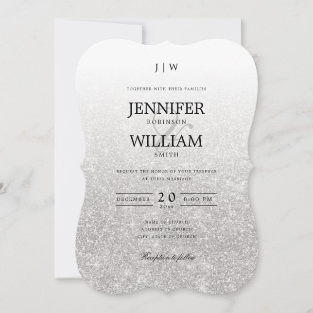 Simple Elegant Wedding Silver Glitter Monogram Invitation (Front)