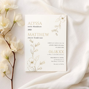 Simple elegant white and gold floral wedding  invitation