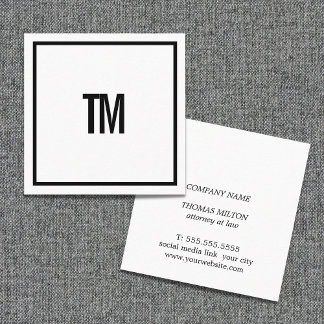 Simple Elegant White Black Monogram Attorney Square Business Card