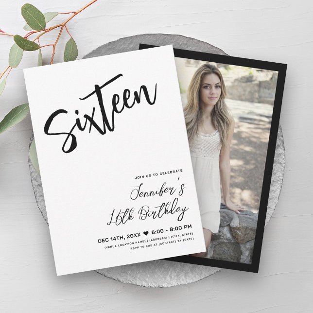 Simple Elegant White Black Sweet 16 Script  Invitation (Simple Elegant White Black Sweet 16 Script Invitation)