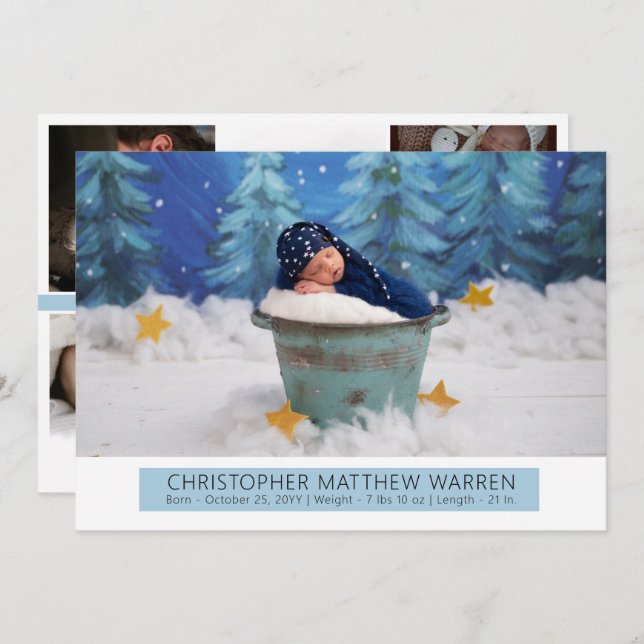 Simple Elegant White |Blue Photo Collage Boy Birth Announcement (Front/Back)