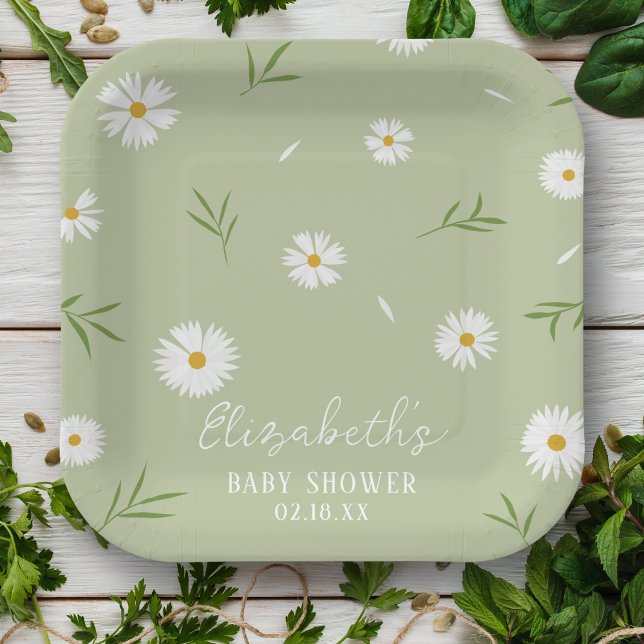 Simple Elegant White Daisies Baby Shower Paper Plate (Creator Uploaded)