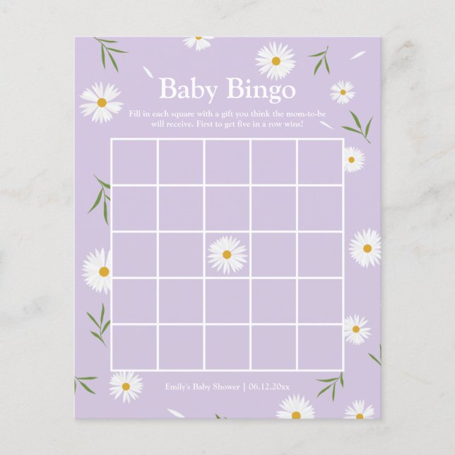 Simple Elegant White Daisy Baby Shower Bingo Game (Front)