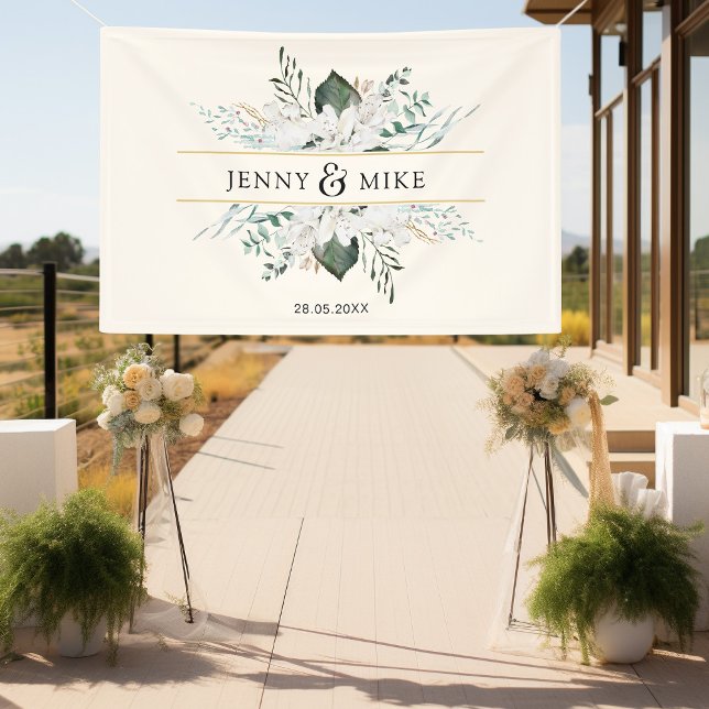 Simple, elegant white flowers  banner (Simpel, elegant, greenery, white flowers, beige, wedding banner.)