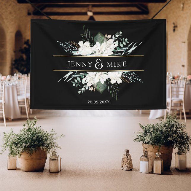 Simple, elegant white flowers  banner (Simpel, elegant, greenery, white flowers, black, wedding banner.)