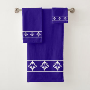 Simple, Elegant, White Flowers on Navy Blue Bath Towel Set