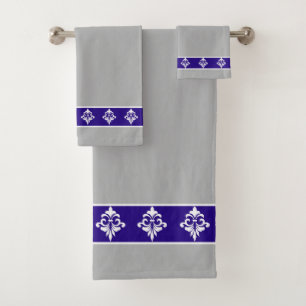 Simple, Elegant, White Flowers on Navy Blue & Grey Bath Towel Set