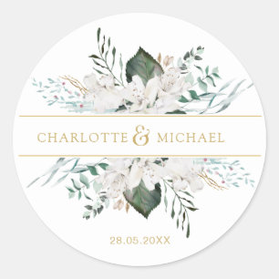 Simple, elegant white flowers wedding classic round sticker