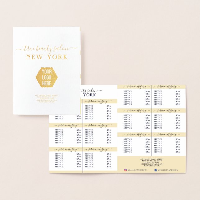 Simple Elegant White Gold Logo Salon Price List Foil Card (Display)