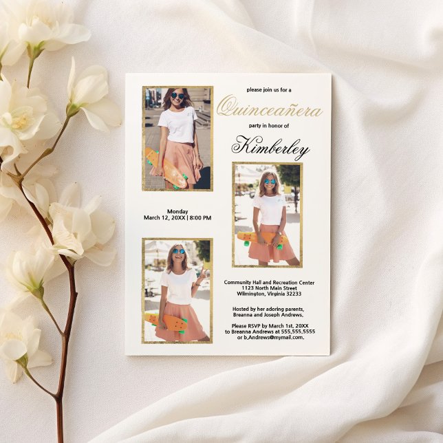 Simple Elegant White Gold Photo Quinceañera Invitation (Simple Elegant White Gold Photo Quinceañera)