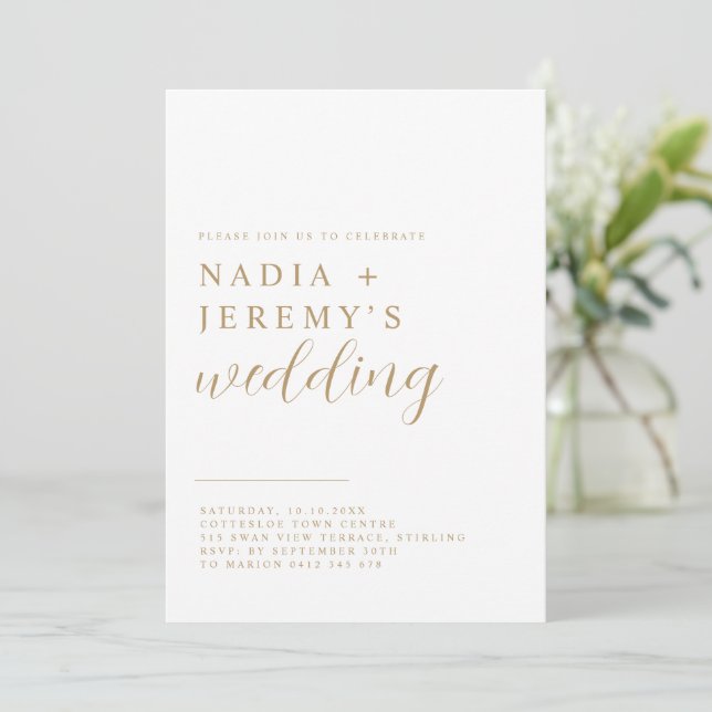 Simple Elegant White & Gold Wedding  Invitation (Standing Front)